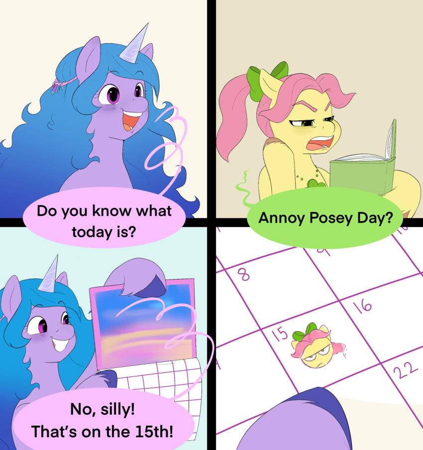accessory aztrial book bow_ribbon calendar comic dialogue earth_pony english_text equid equine female hair hair_accessory hair_bow hair_ribbon hasbro hi_res horn horse izzy_moonbow_(mlp) mammal mlp_g5 my_little_pony pony ponytail posey_(g5) ribbons text unicorn