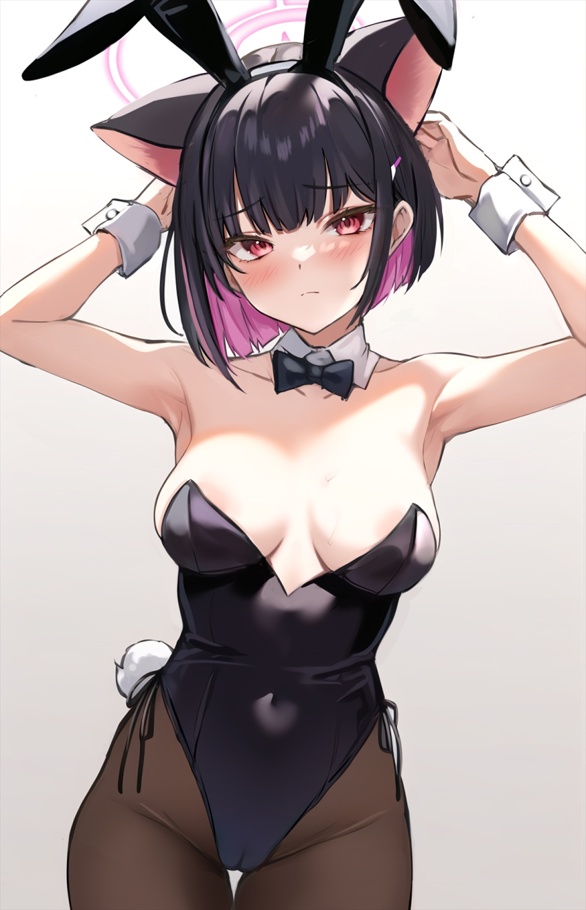 1girl alternate_costume animal_ears areola_slip armpits bangs bare_shoulders black_bow black_bowtie black_hair black_hairband black_leotard black_pantyhose blue_archive blush bow bowtie breasts cameltoe cleavage closed_mouth commentary covered_navel detached_collar duplicate fake_animal_ears fake_tail gradient gradient_background grey_background hairband halo highres kazusa_(blue_archive) large_breasts leotard looking_at_viewer marisasu_(marisa0904) multicolored_hair pantyhose pink_hair pixel-perfect_duplicate playboy_bunny rabbit_ears rabbit_tail red_eyes short_hair simple_background solo symbol-only_commentary tail wrist_cuffs