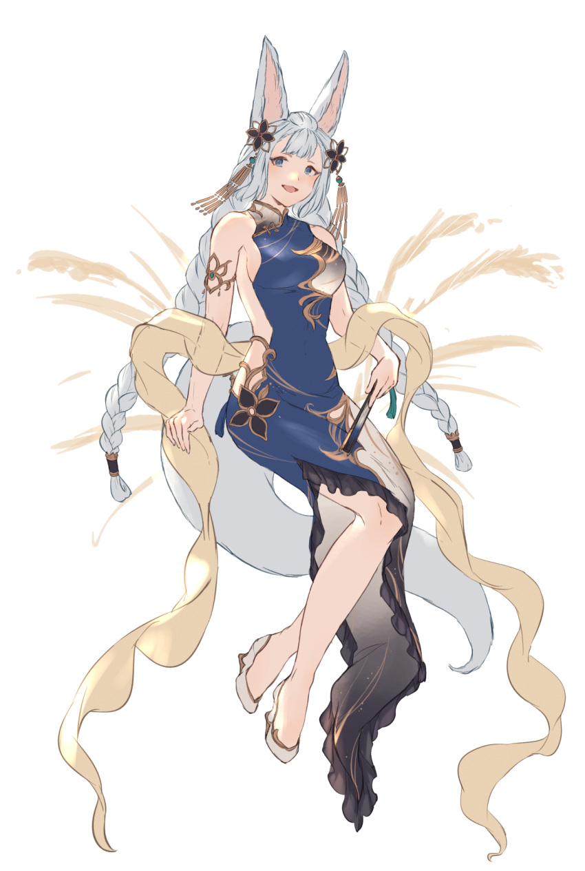 1girl alternate_costume alternate_hairstyle animal_ears armlet backless_dress backless_outfit bangs bare_shoulders blue_dress blue_eyes braid breasts dress folding_fan fox_ears fox_girl fox_tail full_body granblue_fantasy hair_ornament hair_tubes hand_fan highres holding holding_fan long_hair looking_at_viewer medium_breasts open_mouth shawl shimatani_azu simple_background sleeveless sleeveless_dress smile societte_(granblue_fantasy) solo tail twin_braids wedge_heels white_background white_footwear white_hair