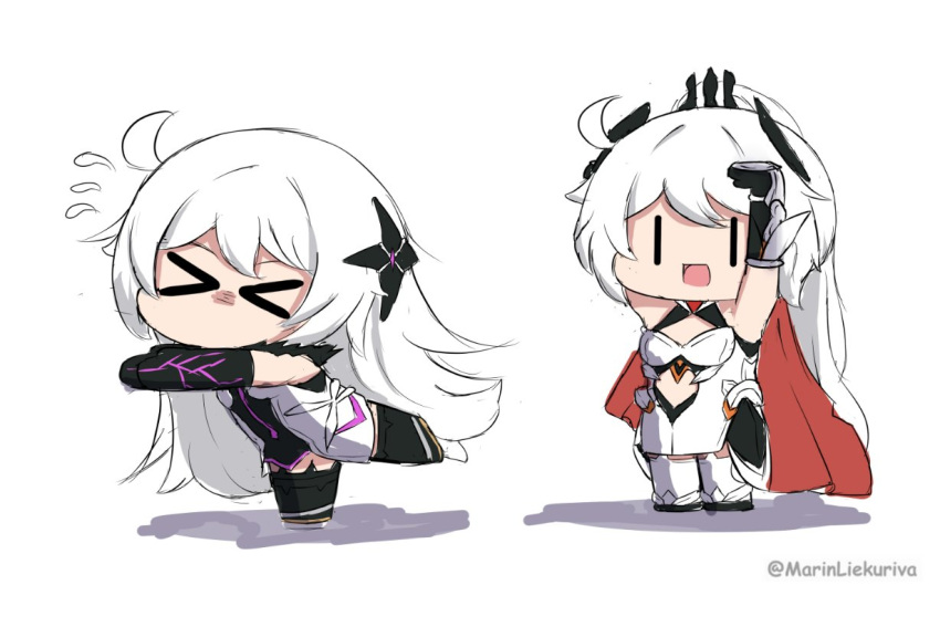 &gt;_&lt; 2girls ahoge black_gloves black_thighhighs cape chibi dual_persona flying_sweatdrops gloves hair_ornament honkai_(series) honkai_impact_3rd kiana_kaslana kiana_kaslana_(herrscher_of_flamescion) kiana_kaslana_(herrscher_of_the_void) long_hair lycoris_recoil marin_liekuriva_(mmliku) meme multiple_girls open_mouth sakana~_(meme) thighhighs very_long_hair white_hair white_thighhighs |_|