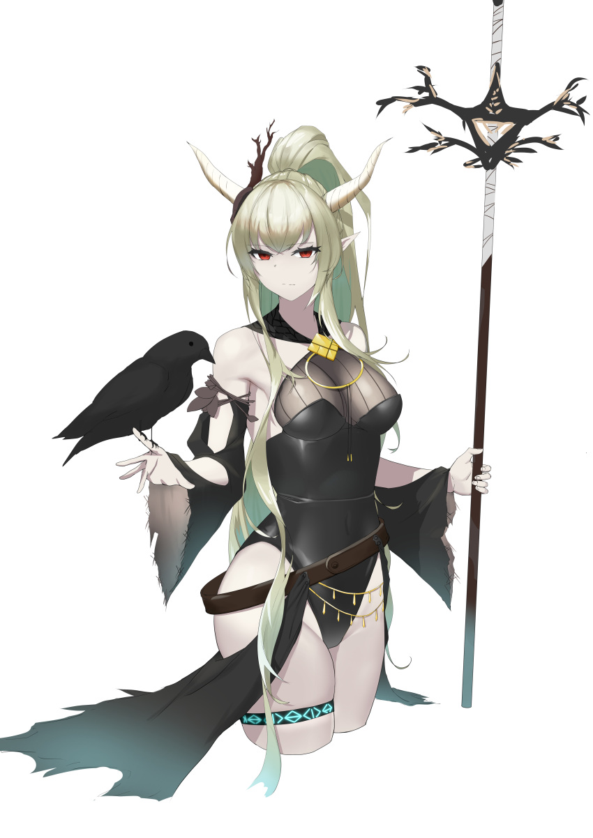 1girl absurdres arknights bangs bare_shoulders belt bird black_one-piece_swimsuit breasts closed_mouth copper cropped_legs highres holding holding_weapon horns light_green_hair long_hair looking_at_viewer medium_breasts official_alternate_costume one-piece_swimsuit pointy_ears ponytail red_eyes serious shining_(arknights) shining_(silent_night)_(arknights) sidelocks solo standing swimsuit thighs weapon white_background