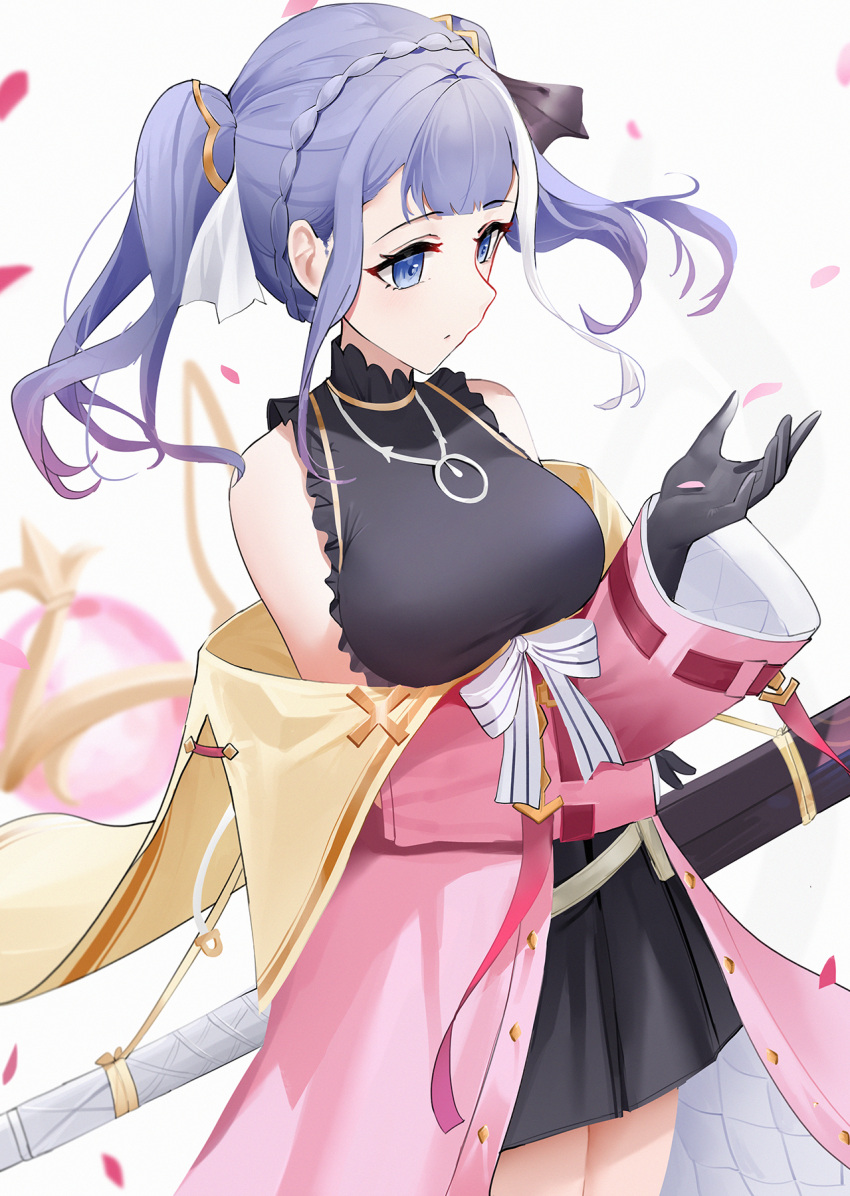1girl arm_up atelier_(series) atelier_ryza atelier_ryza_1 azur_lane bangs black_dress black_gloves blonde_hair blue_eyes braid breasts closed_mouth dress feet_out_of_frame gloves highres jacket long_hair looking_down medium_breasts patricia_abelheim petals pink_jacket qing_wu solo standing twintails white_background