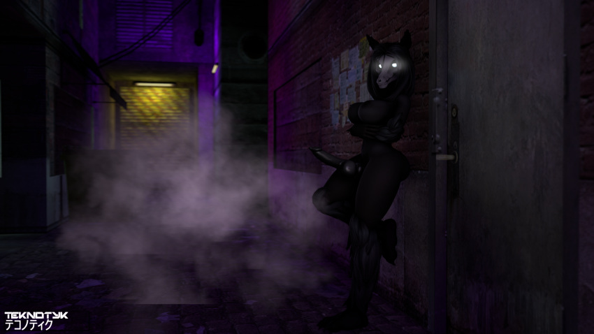 3d_(artwork) against_surface against_wall alley animal_genitalia animal_penis anthro arm_under_breasts black_body black_fur black_hair bone breasts butt canid canine canine_penis crossed_arms digital_media_(artwork) dim_lighting female fur genitals glowing glowing_eyes gynomorph hair hi_res intersex knot leaning_on_wall looking_at_viewer malo mammal monster night nipples nude penis public public_nudity scp-1471 scp-1471-a scp_foundation skull skull_head solo source_filmmaker teknotyk watermark white_eyes