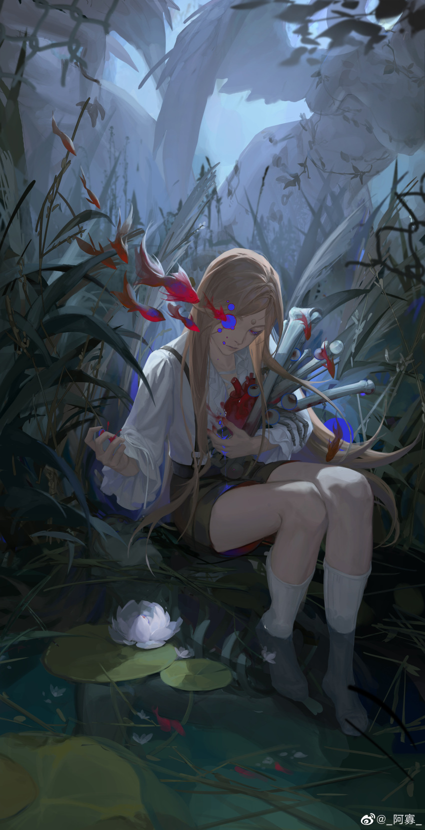 1girl absurdres blonde_hair character_request final_fantasy final_fantasy_xiv fish flower heart highres long_hair lotus platinalsh shirt solo straight_hair suspenders white_lotus