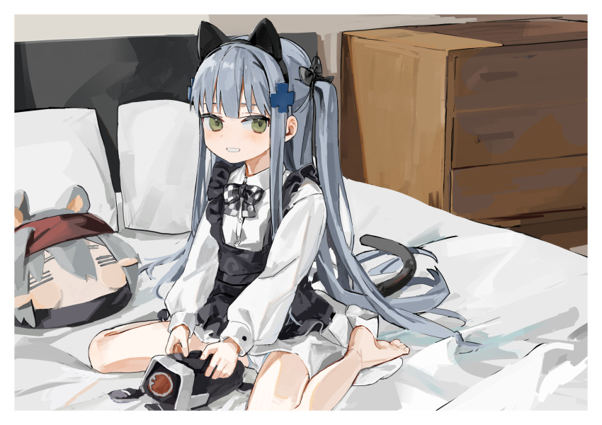 1girl aged_down animal_ears apron bangs barefoot bed black_apron blue_hair bow buttons cabinet cat_ears cat_tail character_doll checkered_bow checkered_clothes collared_dress dinergate_(girls'_frontline) dress fake_animal_ears fake_tail frills g11_(girls'_frontline) girls'_frontline green_eyes hair_ornament hair_ribbon hairband highres hk416_(black_kitty's_gift)_(girls'_frontline) hk416_(girls'_frontline) indoors light_blush long_hair long_sleeves looking_at_viewer official_alternate_costume on_bed open_mouth panties pantyshot pillow ribbon sidelocks sitting smile solo stuffed_toy tail twintails underwear wariza white_dress white_panties yuki_hotaru