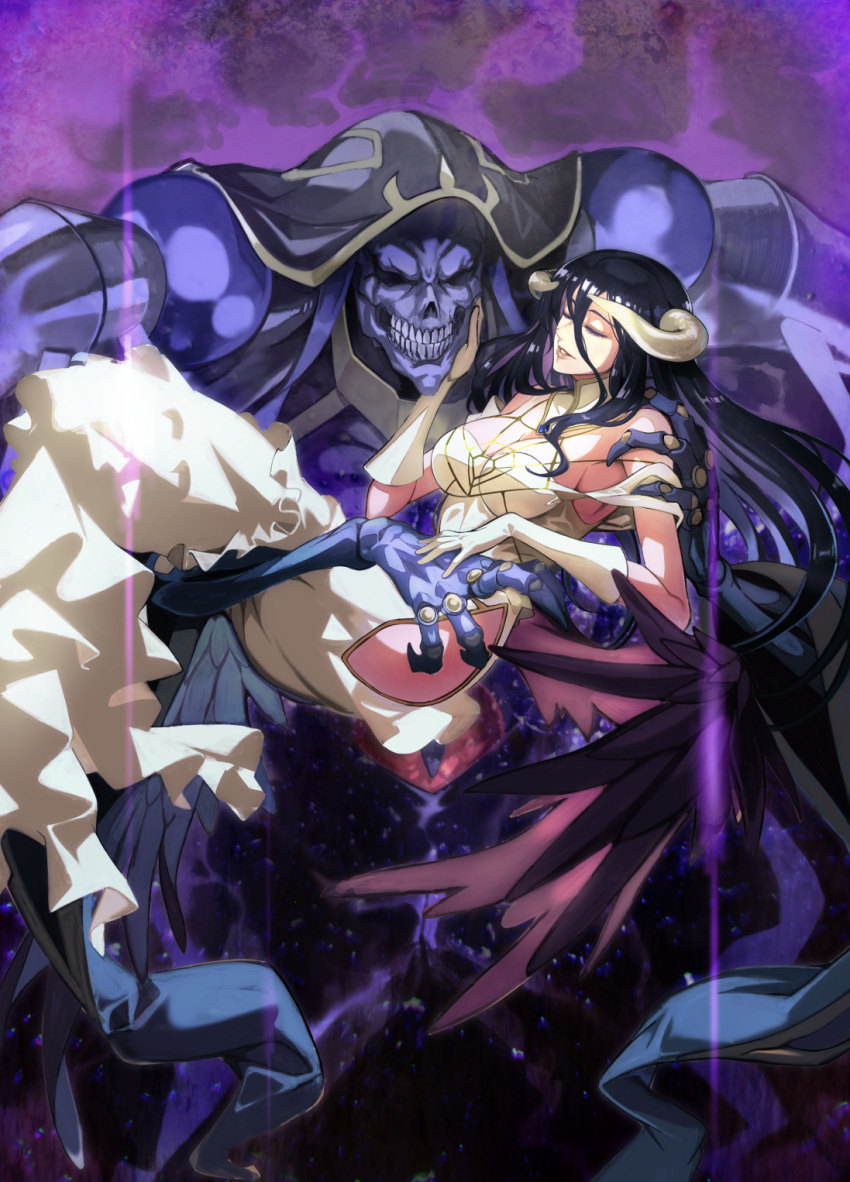 1boy 1girl ainz_ooal_gown albedo_(overlord) bare_shoulders black_hair black_hood black_wings blue_sky breasts carrying cleavage demon_girl demon_horns dress feathered_wings frilled_dress frills gloves hair_between_eyes hand_on_another's_cheek hand_on_another's_face highres hip_vent horns lich long_dress long_hair miyo_(13th_floor) off-shoulder_dress off_shoulder overlord_(maruyama) parted_lips princess_carry purple_background sideboob skeleton sky teeth white_dress white_gloves white_horns wings