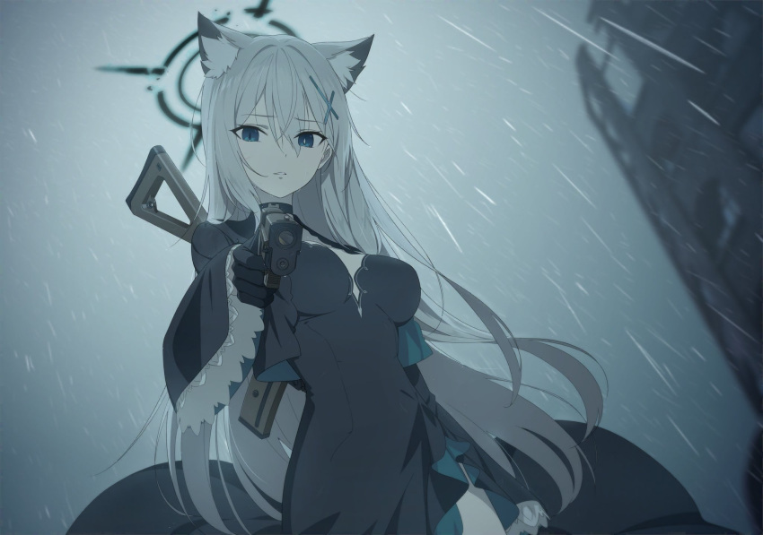 1girl aiming_at_viewer alternate_hair_length alternate_hairstyle animal_ear_fluff animal_ears bangs black_capelet black_dress black_gloves blue_archive blue_eyes breasts capelet dress extra_ears game_cg glock_17 gloves grey_hair gun gun_on_back hair_between_eyes halo handgun highres holding holding_gun holding_weapon impossible_clothes impossible_dress long_hair looking_at_viewer medium_breasts mismatched_pupils official_art rain sad shiroko_(blue_archive) solo third-party_source very_long_hair weapon weapon_on_back wolf_ears