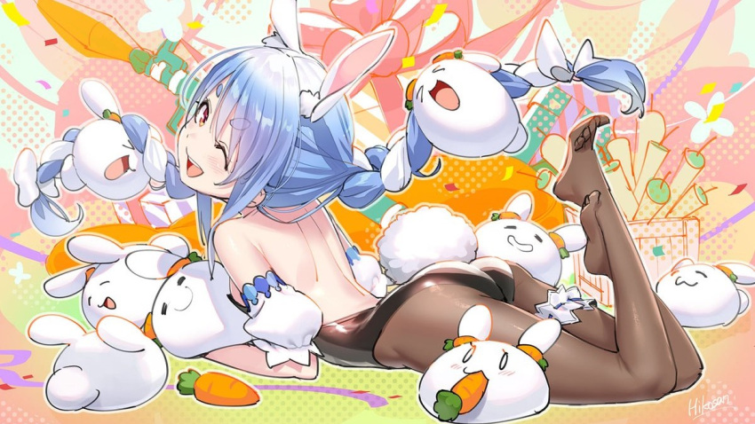 1girl animal_ear_fluff animal_ears ass back bare_shoulders black_leotard blue_hair braid carrot carrot_hair_ornament extra_ears food-themed_hair_ornament hair_ornament hikimayu hikosan hololive leotard long_hair looking_at_viewer looking_back multicolored_hair nousagi_(usada_pekora) one_eye_closed open_mouth orange_eyes pantyhose rabbit_ears rabbit_girl rabbit_tail rocket_launcher short_eyebrows signature smile solo tail thick_eyebrows twin_braids twintails two-tone_hair usada_pekora virtual_youtuber weapon white_hair