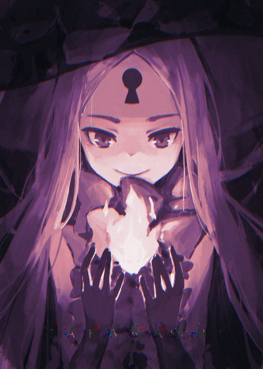 1girl abigail_williams_(fate) abigail_williams_(second_ascension)_(fate) absurdres bangs bow fate/grand_order fate_(series) fire flame forehead hat hat_bow highres keyhole long_hair magic monochrome multiple_hat_bows neko_(takanashi) parted_bangs purple_theme sketch smile solo stuffed_animal stuffed_toy teddy_bear upper_body very_long_hair witch_hat