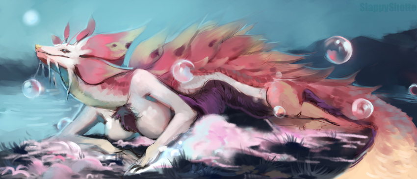 2022 absurd_res anthro biped breasts bubble capcom digital_media_(artwork) female fur hi_res leviathan_(mh) lying mizutsune monster_hunter multicolored_body nude on_front outside pink_body pink_scales purple_body purple_fur scales slappyshottest solo suds video_games white_body