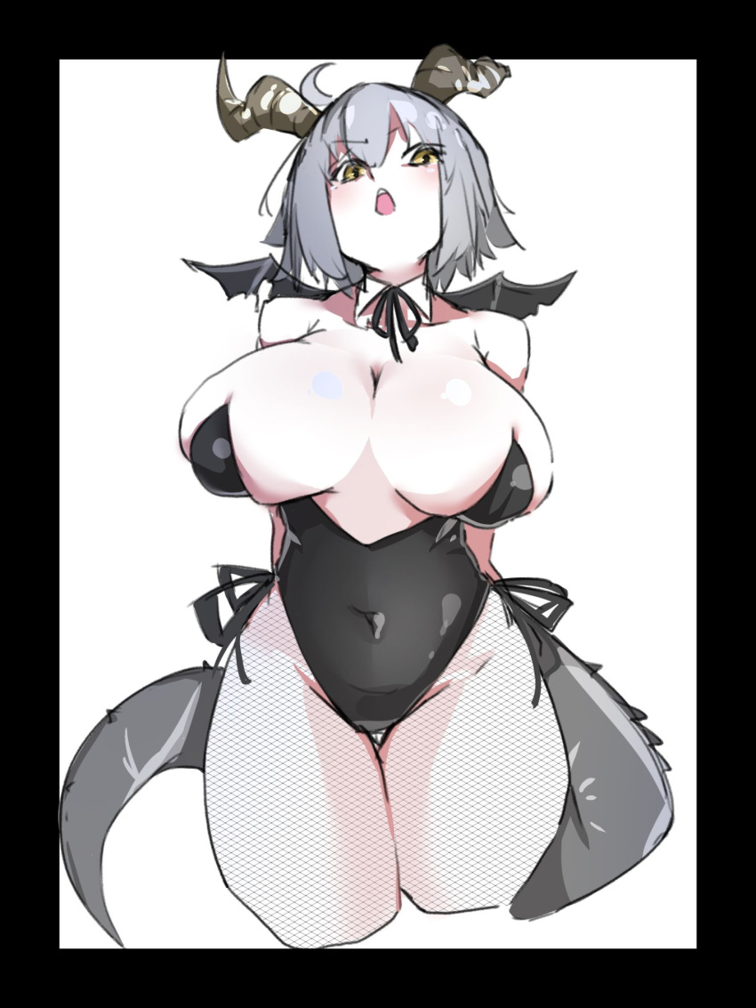 :o black_bow black_leotard blush bow breasts collarbone covered_navel detached_collar fate/grand_order fate_(series) grey_hair groin highres horns huge_breasts jeanne_d'arc_alter_(fate) leotard nontraditional_playboy_bunny pale_skin ri_o_ne_su short_hair simple_background skindentation tail thigh_gap white_background wide_hips wings yellow_eyes