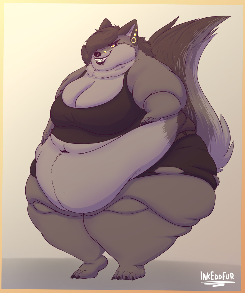 2022 abby_(inkeddfur) anthro belly belly_overhang belly_squish big_belly big_breasts big_butt black_eyes black_lips bottomwear breasts brown_body brown_fur butt canid canine canis cheek_tuft chubby_cheeks claws cleavage clothed clothing double_chin ear_piercing facial_tuft fangs fat_rolls female fluffy fluffy_tail full-length_portrait fur hand_on_stomach hi_res holding_object huge_butt huge_thighs inkeddfur lips love_handles mammal morbidly_obese multicolored_body multicolored_fur navel neck_tuft obese overweight piercing portrait shirt shorts simple_background smile solo squish standing tank_top thick_arms thick_thighs tight_clothing topwear torn_clothing tuft two_tone_body two_tone_fur weight_gain wide_hips wolf