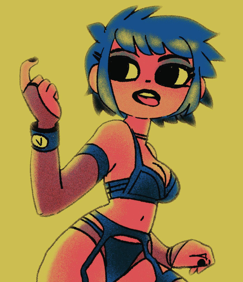 1girl black_eyes black_nails blue_hair blue_panties breasts bryan_lee_o'malley cleavage garter_belt garter_straps highres large_breasts navel panties ramona_v_flowers scott_pilgrim short_hair solo tongue tongue_out underwear upper_body yellow_background