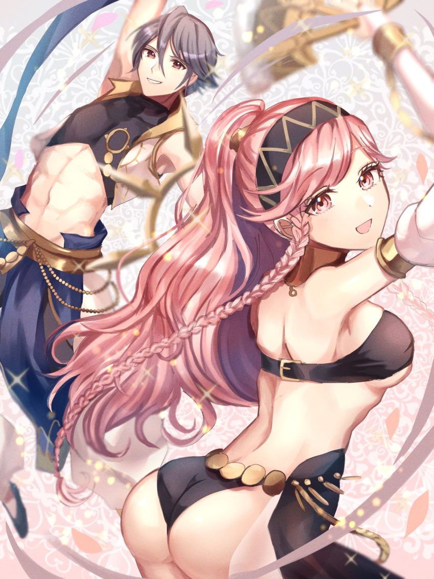 1boy 1girl abs arm_up ass bangs black_bra black_hairband black_panties blue_pants bra braid breasts brown_eyes commentary_request cropped_jacket dancer dancing detached_sleeves fire_emblem fire_emblem_awakening fire_emblem_heroes grey_hair grin hair_between_eyes hairband hand_fan highres holding holding_fan inigo_(fire_emblem) jacket liszodow long_hair looking_at_viewer medium_breasts midriff mother_and_son muscular muscular_male navel official_alternate_costume olivia_(fire_emblem) panties pants pink_eyes pink_hair ponytail short_hair sleeveless smile stomach underwear very_long_hair white_jacket white_sleeves