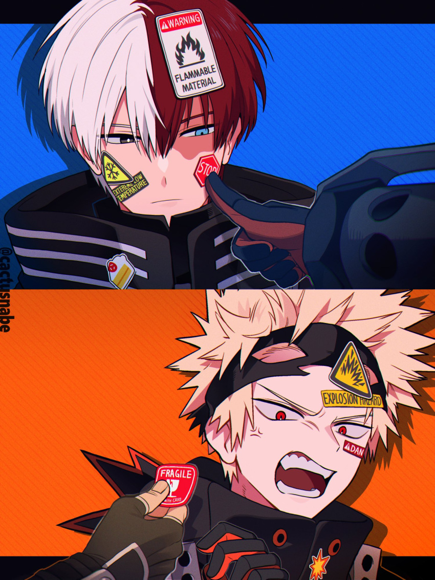 2boys anger_vein angry artist_name bakugou_katsuki bangs bangs_pinned_back black_gloves black_outline blonde_hair blue_background blue_eyes boku_no_hero_academia burn_scar cactusnabe chromatic_aberration closed_mouth color_coordination commentary diagonal_stripes drop_shadow english_text eye_mask eyes_visible_through_hair film_grain finger_to_another's_cheek fingerless_gloves flammable_symbol fragile_symbol frown gloves grey_eyes hair_between_eyes hand_up heterochromia hexagon high_collar highres holding letterboxed looking_at_another male_focus mask mask_on_head mismatched_pupils multicolored_hair multiple_boys narrowed_eyes official_alternate_costume open_mouth orange_background orange_gloves outline outside_border parted_hair pinstripe_pattern portrait reaching red_eyes red_hair sanpaku scar scar_on_face short_hair sign spiked_hair split-color_hair split_screen square sticker_on_face straight_hair striped striped_background symbol-only_commentary todoroki_shouto triangle twitter_username two-tone_gloves two-tone_hair v-shaped_eyebrows warning_sign white_hair white_outline