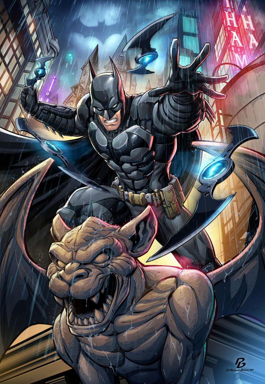 1boy artist_name bat_signal batarang batman batman:_arkham_knight batman_(series) belt black_cape cape city city_lights clenched_teeth dc_comics gargoyle_statue gotham highres letter male_focus mask night patrick_brown rain solo statue superhero teeth