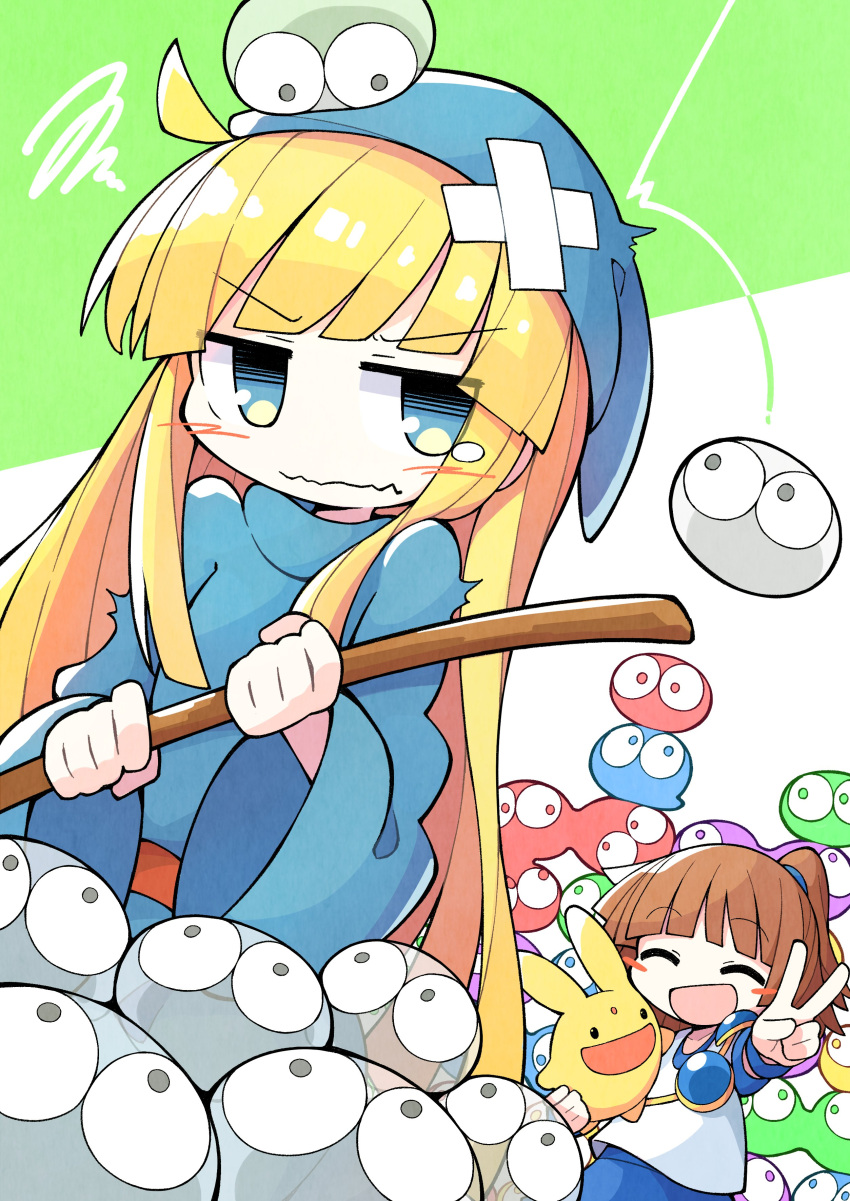 2girls absurdres arle_nadja asameshi bandaid bandaid_on_head bangs blonde_hair blue_dress blue_eyes blue_headwear blunt_bangs blush blush_stickers brown_hair carbuncle_(puyopuyo) closed_eyes dress green_background highres holding long_hair long_sleeves multiple_girls on_head open_mouth ponytail puyo_(puyopuyo) puyopuyo shirt simple_background smile squiggle tearing_up upper_body v wavy_mouth white_background white_shirt wide_sleeves witch_(puyopuyo)