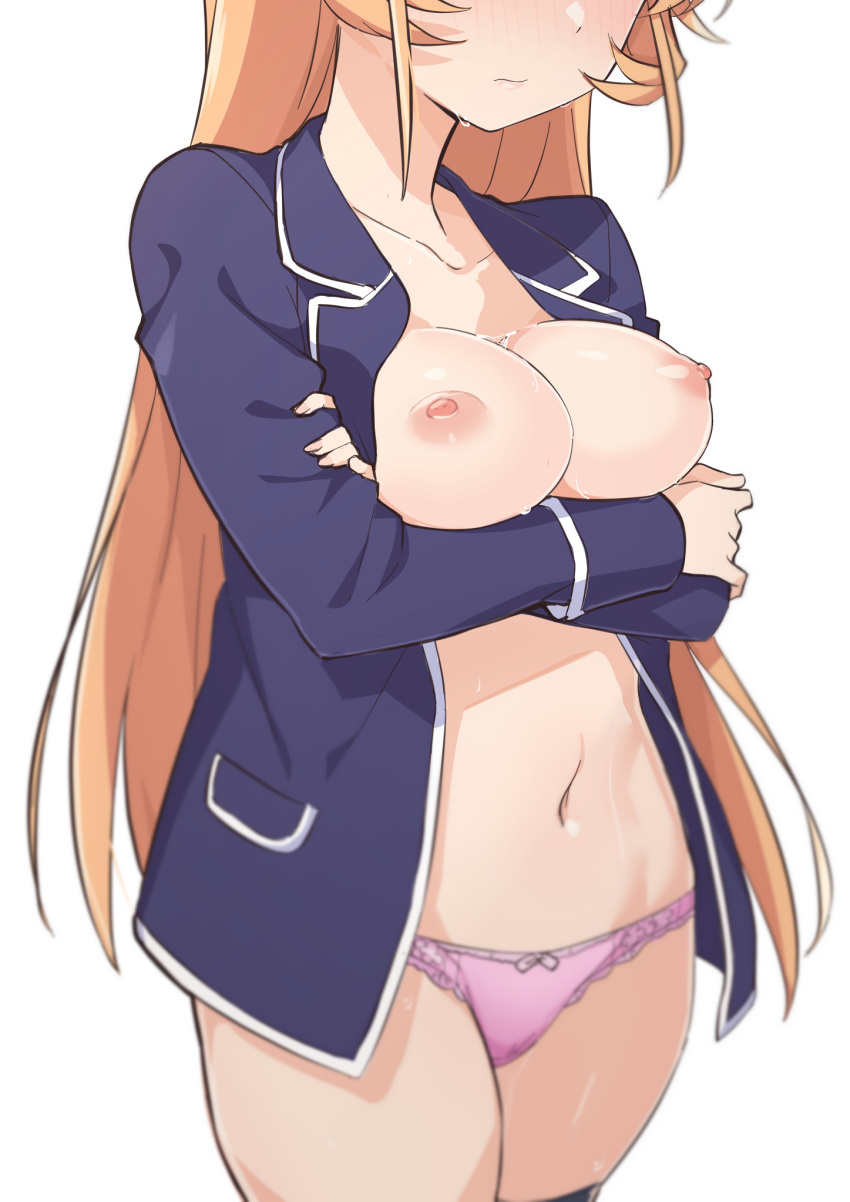 1girl arms_under_breasts blonde_hair blue_jacket breast_hold breasts breasts_out cleavage crossed_arms head_out_of_frame highres jacket large_breasts long_hair morisobo nakiri_erina navel nipples no_bra open_clothes open_jacket panties pink_panties school_uniform shokugeki_no_souma simple_background tootsuki_saryou_ryouri_gakuen_uniform underwear very_long_hair white_background