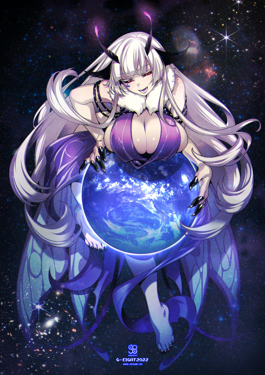 1girl :d absurdres bangs bare_shoulders barefoot black_nails black_sclera breasts cleavage colored_sclera fishine highres large_breasts long_hair open_mouth original planet red_eyes smile solo space very_long_hair white_hair