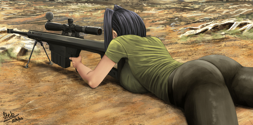 1girl absurdres alternate_costume anti-materiel_rifle ass barrett_m82 bipod blue_hair breasts from_behind from_side green_shirt gun highres hololive hololive_english large_breasts lying magazine_(weapon) muzzle_brake on_stomach ouro_kronii rifle scope shirt sniper_rifle steb thighs virtual_youtuber weapon weapon_request