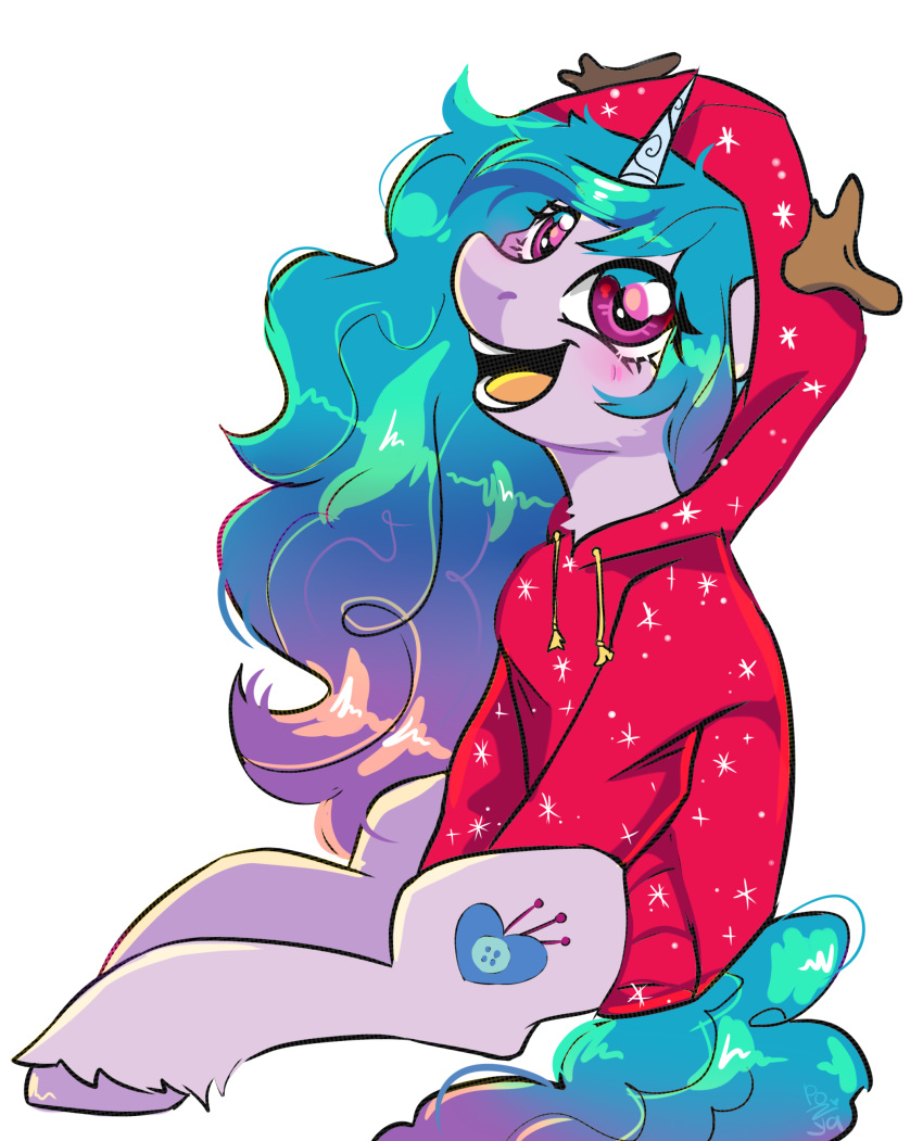 absurd_res blue_hair blue_tail blush christmas clothing cutie_mark digital_media_(artwork) equid equine fake_antlers female feral fur hair hasbro hi_res holidays hoodie hooves horn izzy_moonbow_(mlp) long_hair mammal mlp_g5 my_little_pony open_mouth open_smile pozya1007 purple_body purple_eyes purple_fur purple_hooves simple_background smile solo teeth topwear unicorn unicorn_horn white_background