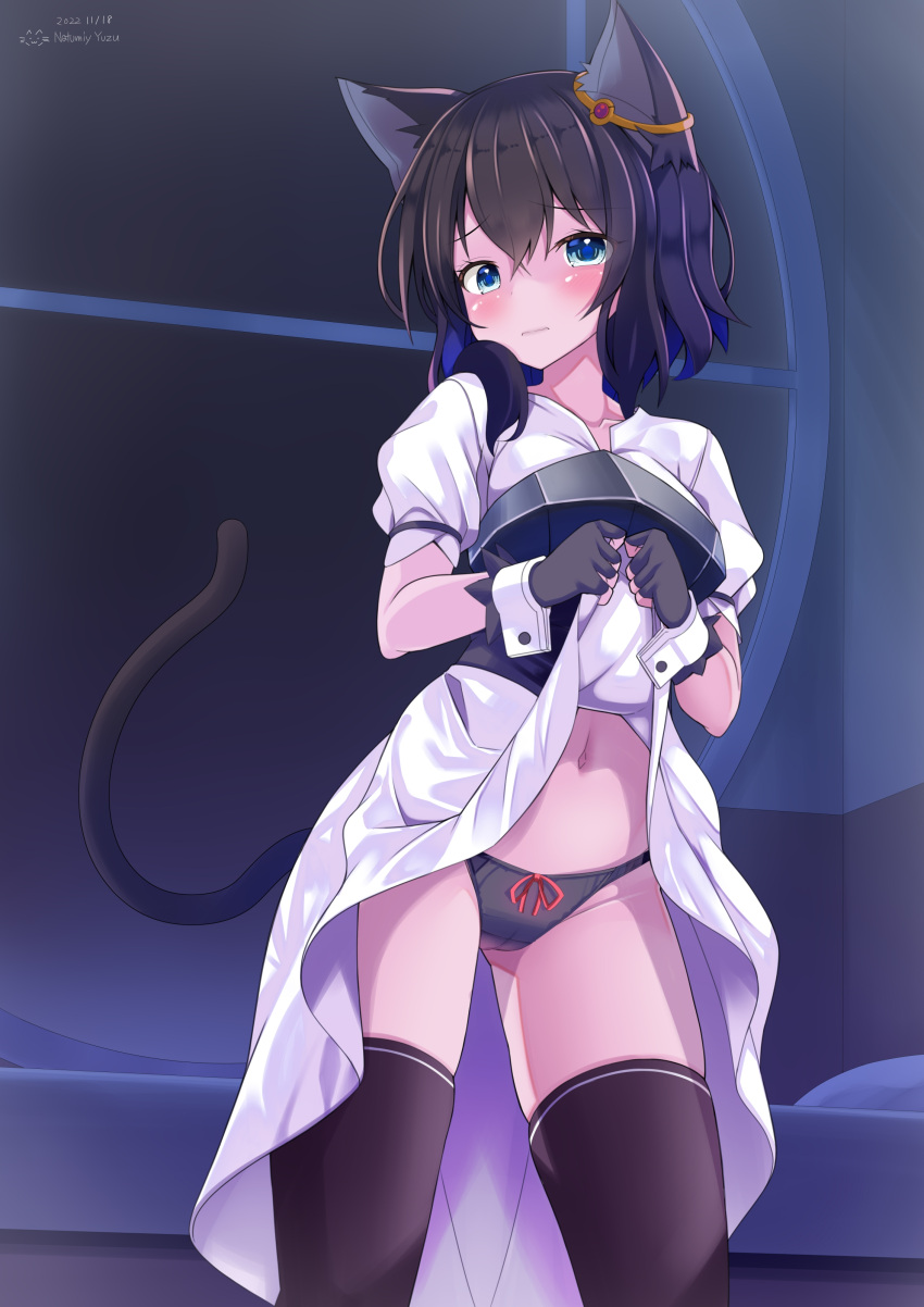 1girl :| absurdres animal_ears armor artist_name ass_visible_through_thighs bangs black_gloves black_panties black_thighhighs blue_eyes blush breastplate cameltoe cat_ears cat_girl cat_tail chest_armor closed_mouth clothes_lift crossed_bangs dated dress dress_lift embarrassed fingerless_gloves fran_(tensei_shitara_ken_deshita) gloves highres indoors lifted_by_self looking_at_viewer natsumiya_yuzu navel panties puffy_short_sleeves puffy_sleeves red_ribbon ribbon ribbon_panties shiny shiny_skin short_hair short_sleeves skindentation stomach tail tensei_shitara_ken_deshita thighhighs thighs underwear white_dress wrist_cuffs