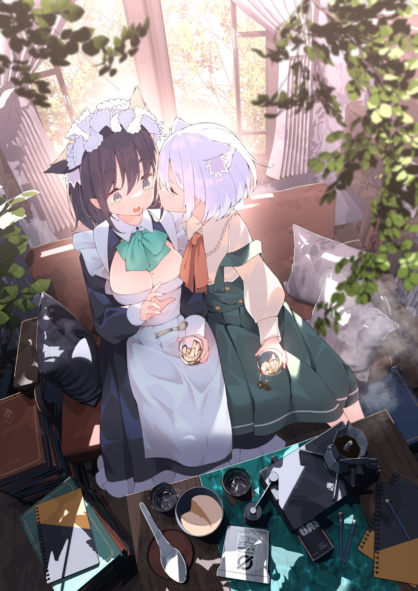 2girls absurdres animal_ear_fluff animal_ears apron bangs black_dress blush book book_stack breasts brown_hair cleavage closed_eyes couch cup curtains dress extra_ears facing_another food food_on_face from_above grey_hair highres hoji_(hooooooooji1029) holding holding_cup indoors large_breasts long_sleeves looking_at_another mole mole_on_breast multiple_girls on_couch open_mouth original pillow plant sitting steam tongue tongue_out white_apron window