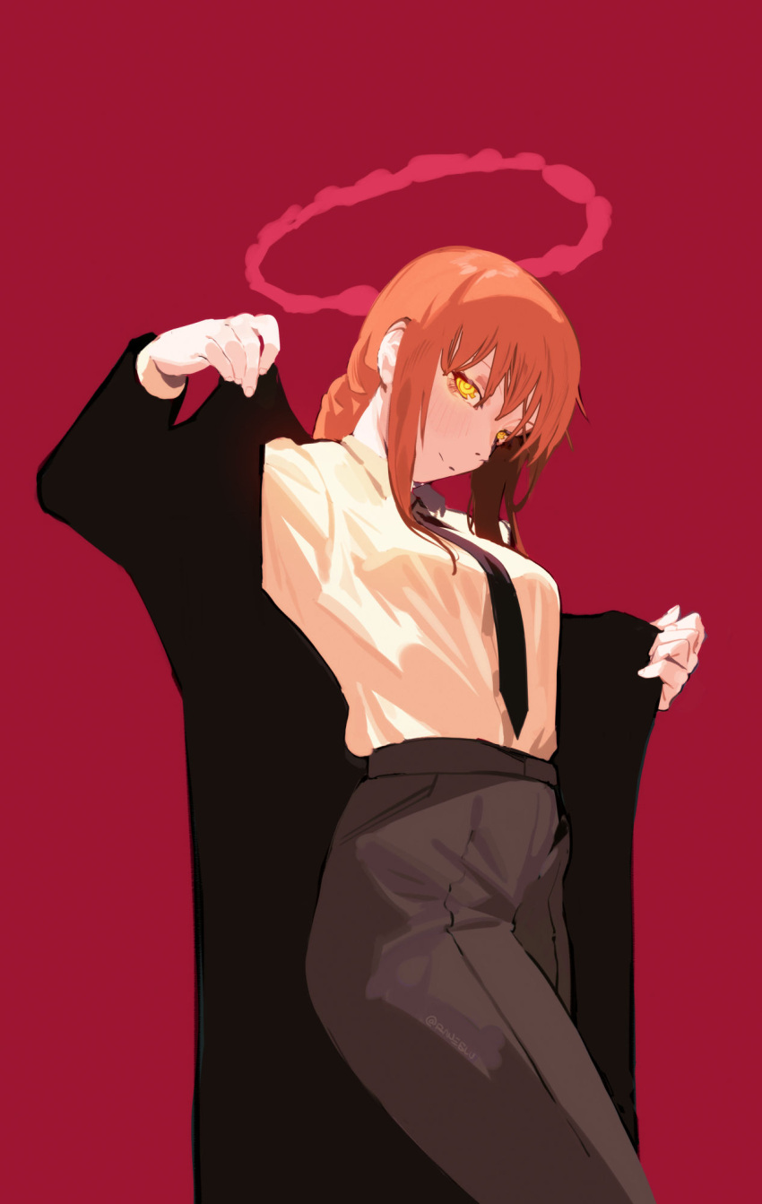 1girl black_coat black_necktie black_pants chainsaw_man coat collared_shirt formal halo highres holding holding_clothes holding_coat looking_at_viewer makima_(chainsaw_man) medium_hair necktie pants raneblu red_background red_hair red_halo ringed_eyes shirt shirt_tucked_in sidelocks simple_background smile solo suit white_shirt yellow_eyes