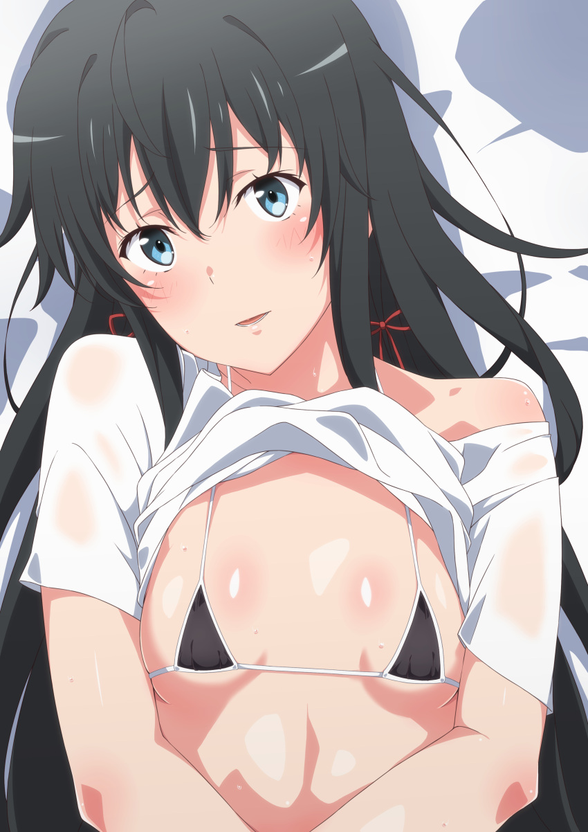 1girl absurdres bangs bed_sheet bikini black_bikini black_hair blue_eyes blush breasts clothes_lift commentary_request hair_between_eyes hair_ribbon highres long_hair looking_at_viewer lying micro_bikini off_shoulder on_back open_mouth red_ribbon ribbon shiny shiny_skin shirt shirt_lift shou937 small_breasts solo swimsuit upper_body white_shirt yahari_ore_no_seishun_lovecome_wa_machigatteiru. yukinoshita_yukino