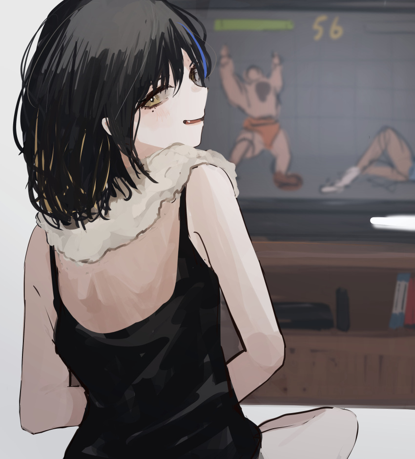 1girl absurdres black_hair brown_eyes fang fighting_game highres looking_at_viewer looking_back medium_hair mole mole_under_eye original pikuson playing_games sitting tank_top television towel towel_around_neck