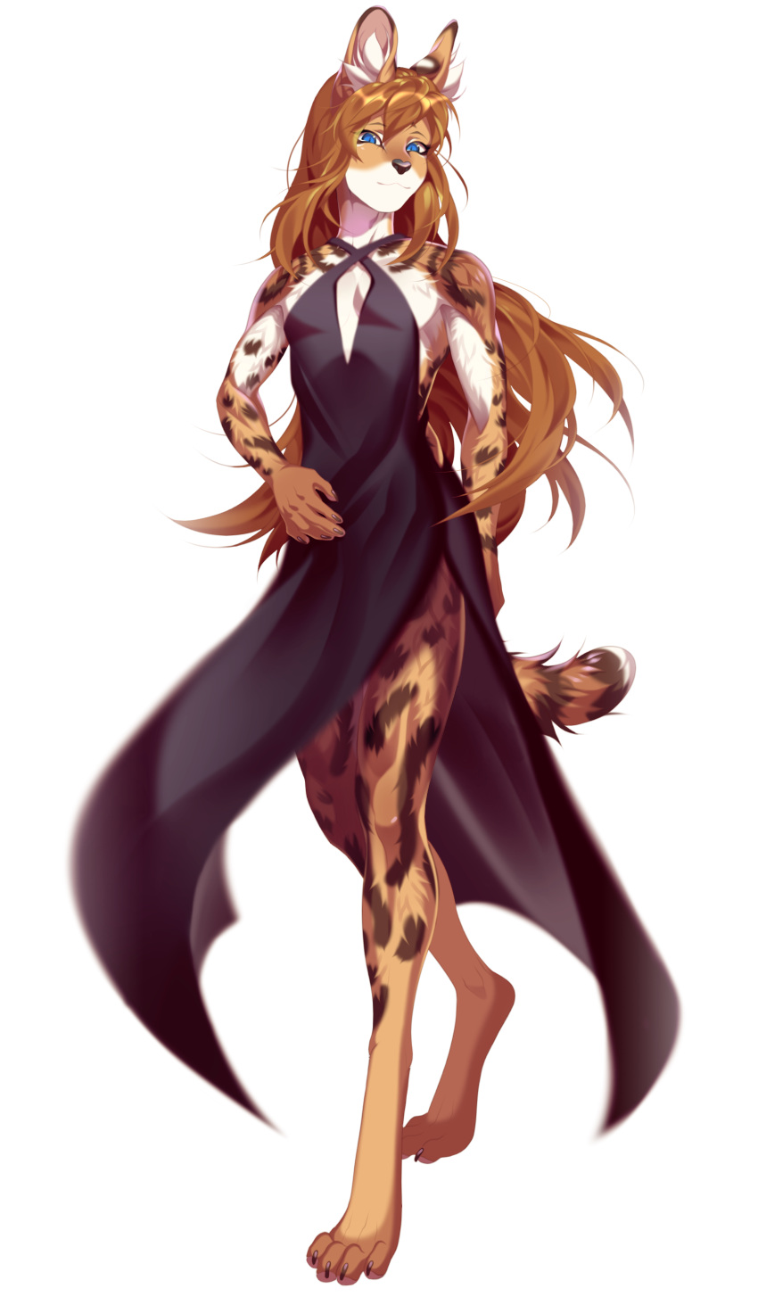 absurd_res anthro blue_eyes clothed clothing countershade_face countershade_fur countershade_torso countershading crossdressing dress emile_(fuzzylolipop) felid feline fur girly hair hi_res long_hair male mammal rokito serval simple_background solo white_background