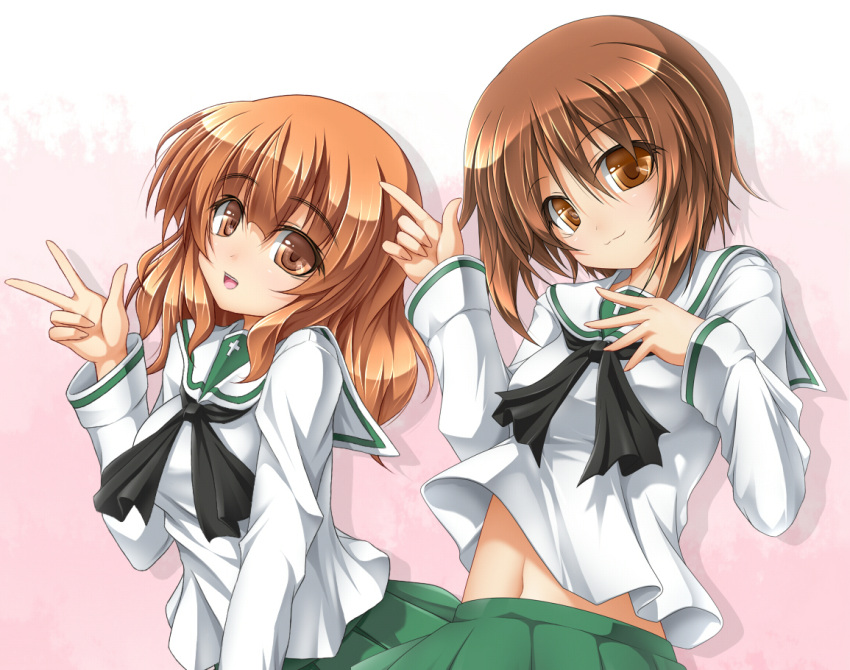 2girls bangs black_neckerchief blouse blunt_bangs brown_eyes brown_hair closed_mouth commentary_request girls_und_panzer gradient gradient_background green_skirt hand_on_own_chest head_tilt index_finger_raised leaning_forward long_hair long_sleeves looking_at_viewer midriff_peek multiple_girls navel neckerchief nishizumi_miho ooarai_school_uniform open_mouth orange_eyes orange_hair partial_commentary pink_background pleated_skirt roura sailor_collar school_uniform serafuku shadow shirt short_hair side-by-side skirt smile standing takebe_saori w white_sailor_collar white_shirt