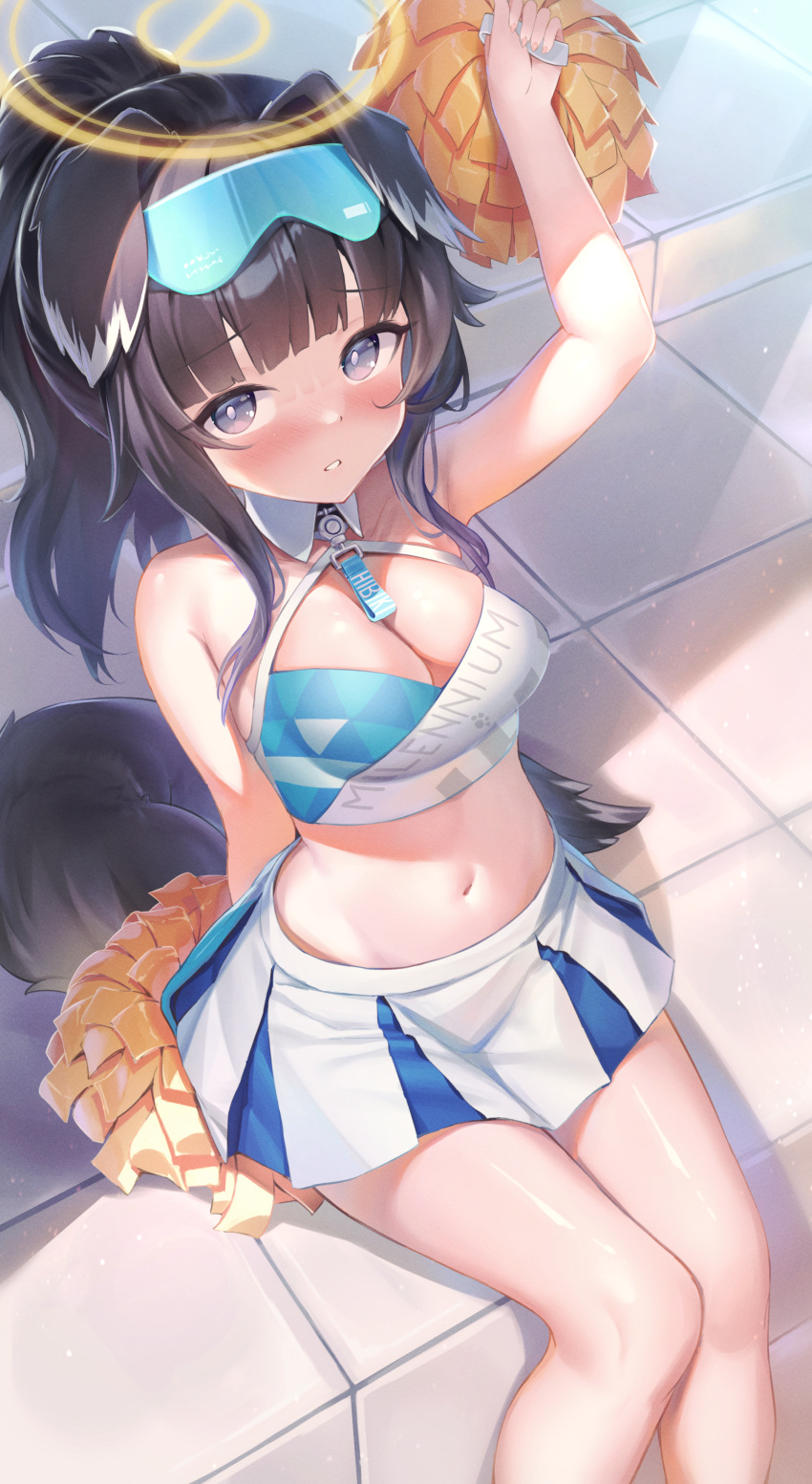 1girl absurdres arm_up bangs bare_legs bare_shoulders black_hair blue_archive blunt_bangs blush breasts cheerleader cleavage crop_top eyewear_on_head goggles goggles_on_head hibiki_(blue_archive) hibiki_(cheerleader)_(blue_archive) highres holding holding_pom_poms jiyasu long_hair looking_at_viewer medium_breasts midriff miniskirt navel pom_pom_(cheerleading) ponytail sitting skirt solo thighs tile_floor tiles white_skirt