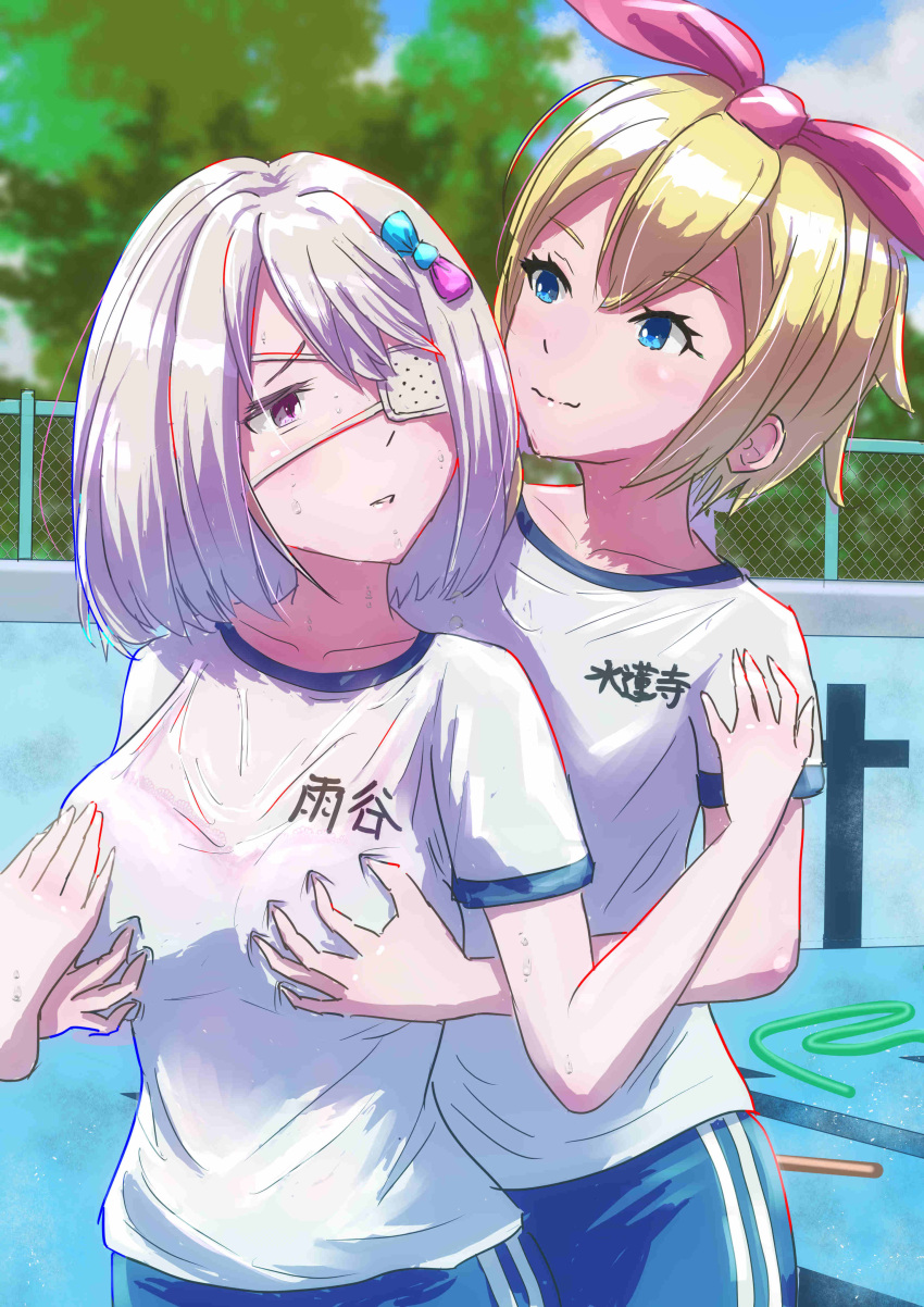 2girls absurdres amagai_kosame bangs blonde_hair blue_eyes breast_grab breasts empty_pool eyelashes eyepatch flat_chest grabbing highres light_smile mahou_shoujo_site medical_eyepatch medium_breasts multiple_girls pink_eyes pool short_hair suirenji_kiyoharu sweat white_hair yashipom yuri