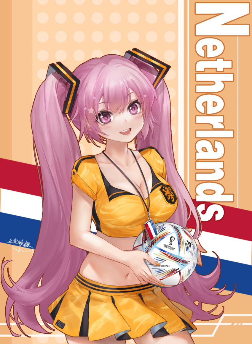 1girl 2022_fifa_world_cup al_rihla alternate_costume alternate_eye_color alternate_hair_color ball breasts chinese_commentary cleavage commentary_request crop_top hatsune_miku highres jokanhiyou midriff miniskirt navel netherlands orange_shirt orange_skirt shirt skirt soccer_ball solo vocaloid world_cup