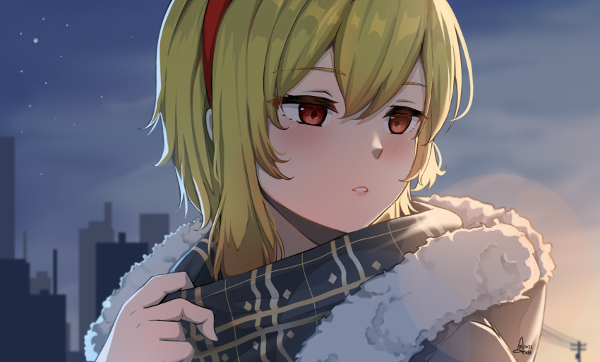 1girl artist_name as4gi black_scarf blonde_hair dated english_commentary fur_trim hairband highres hololive hololive_indonesia hood hood_down hooded_coat kaela_kovalskia outdoors power_lines red_eyes red_hairband scarf sunrise upper_body