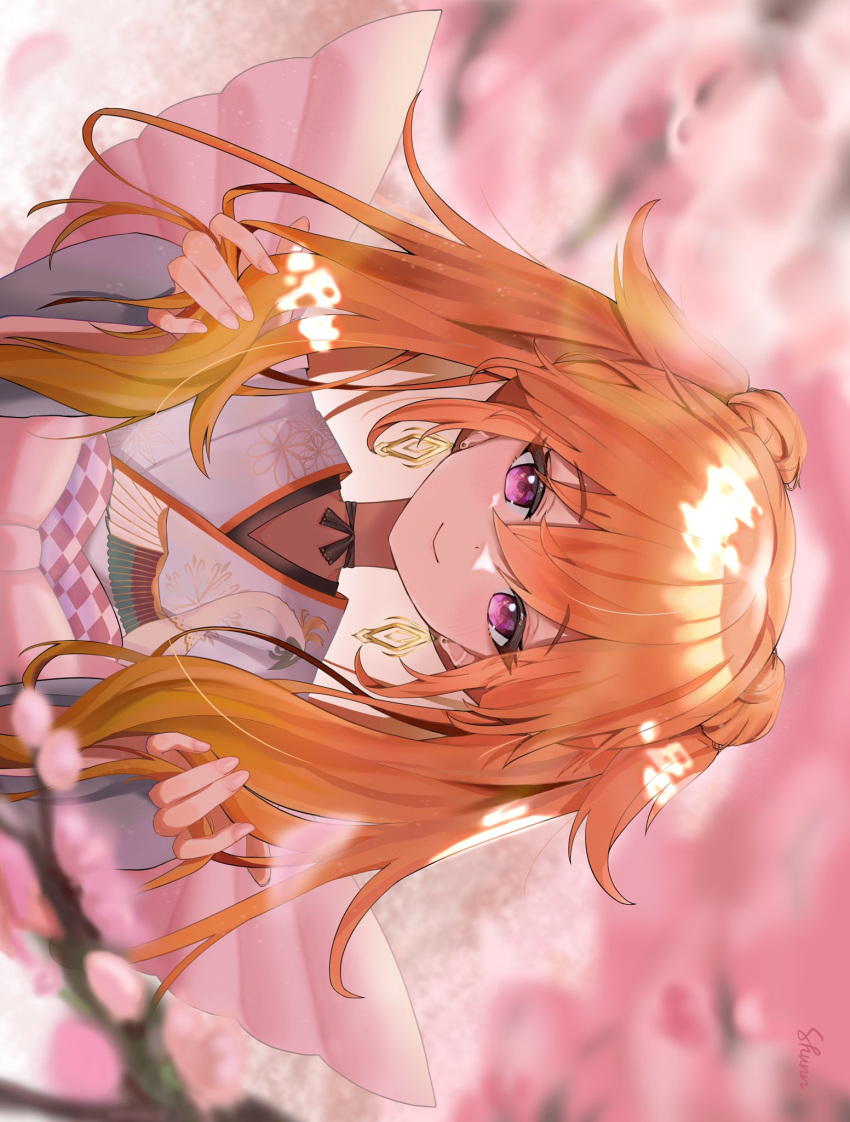 1girl cherry_blossoms earrings hair_between_eyes highres hololive hololive_english japanese_clothes jewelry kimono neck_ribbon orange_hair pink_background pink_kimono pink_nails pink_theme purple_eyes ribbon shoulder_pads shunnukiki smile solo takanashi_kiara twintails virtual_youtuber