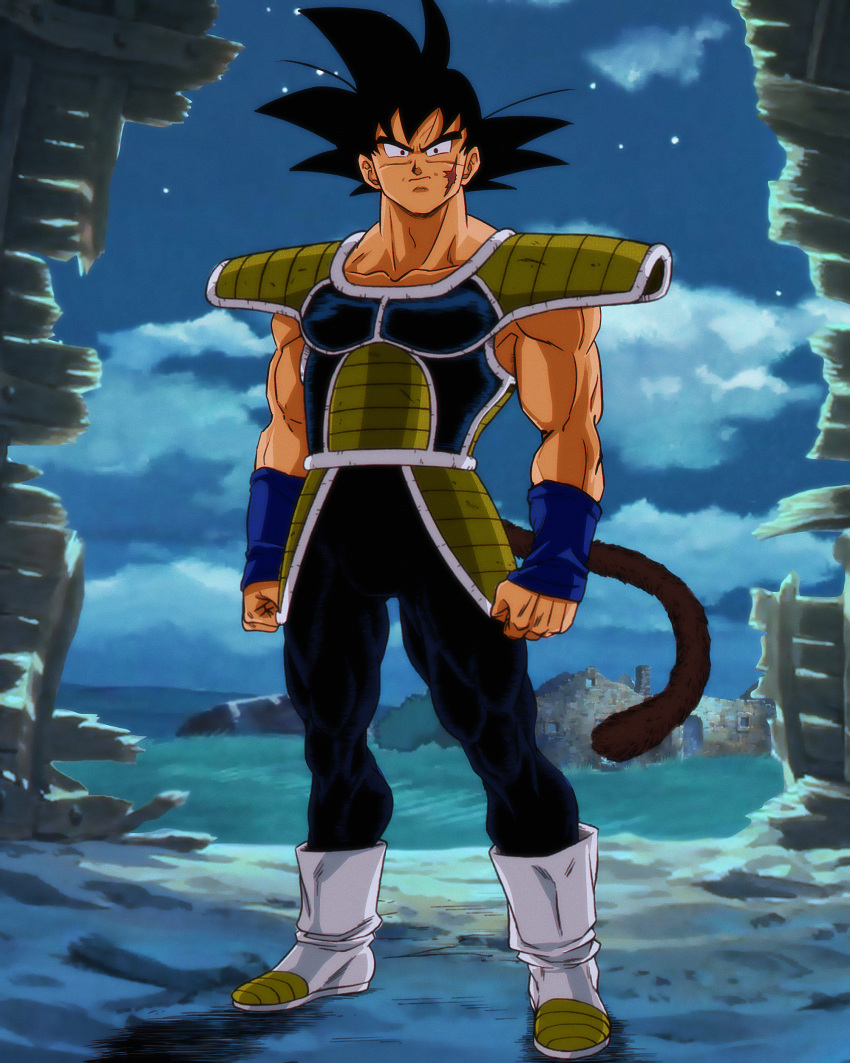 1boy absurdres armor bardock black_hair boots clenched_hands cloud commentary derivative_work dragon_ball dragon_ball_super full_body highres looking_at_viewer male_focus manga_panel_redraw monkey_tail night night_sky saiyan_armor salvamakoto scar scar_on_cheek scar_on_face sky solo spanish_commentary spiked_hair standing tail