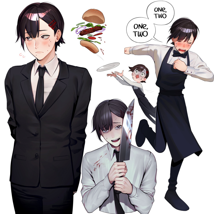 1boy absurdres apron black_apron black_bow black_bowtie black_eyes black_hair black_pants black_suit blood blood_on_clothes blood_on_knife blush bow bowtie burger chainsaw_man closed_eyes collared_shirt commentary crying dancing english_commentary english_text food formal genderswap genderswap_(ftm) higashiyama_kobeni highres holding holding_knife knife lavelis long_sleeves looking_at_viewer multiple_views open_mouth pants shirt simple_background speech_bubble standing standing_on_one_leg suit white_background white_shirt