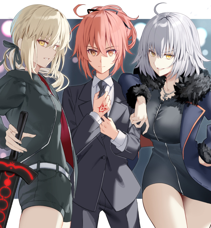 3girls absurdres adjusting_clothes adjusting_necktie ahoge artoria_pendragon_(fate) bangs belt belt_buckle black_dress black_jacket black_necktie black_pants black_ribbon black_shirt black_shorts blazer blonde_hair blue_coat breasts buckle chip_le_cree closed_mouth coat collared_shirt command_spell commentary_request dress excalibur_morgan_(fate) fate/grand_order fate_(series) formal fujimaru_ritsuka_(female) fujimaru_ritsuka_(female)_(royal_brand) fur-trimmed_coat fur-trimmed_sleeves fur_trim grin hair_between_eyes hair_ribbon highres holding holding_sword holding_weapon jacket jeanne_d'arc_alter_(fate) jeanne_d'arc_alter_(ver._shinjuku_1999)_(fate) jewelry large_breasts long_hair long_sleeves looking_at_viewer multiple_girls necklace necktie open_clothes open_coat open_jacket orange_eyes orange_hair pants ponytail ribbon saber_alter saber_alter_(ver._shinjuku_1999)_(fate) shirt short_shorts shorts smile suit sword thighs weapon white_belt white_hair white_shirt yellow_eyes