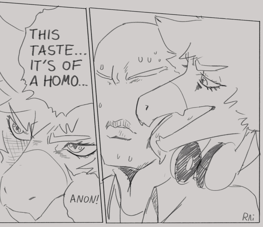anon_(snoot_game) anthro bald bodily_fluids comic dialogue dinosaur dromaeosaurid duo english_text face_lick featureless_face goodbye_volcano_high hair headphones headphones_around_neck hi_res humor jojo's_bizarre_adventure licking long_snout male open_mouth parody pupils raidak5 reed_(gvh) reptile scalie slit_pupils snoot_game_(fan_game) snout speech_bubble sweat text theropod tongue tongue_out velociraptor video_games