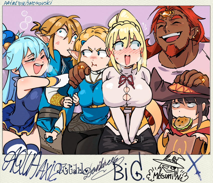 2boys 4girls aqua_(konosuba) blonde_hair blue_hair blush breasts burger constricted_pupils crossover dark-skinned_male dark_skin darkness_(konosuba) flying_sweatdrops food ganondorf hat highres jewelry kono_subarashii_sekai_ni_shukufuku_wo! large_breasts link lipstick_mark long_hair megumin mouth_hold multiple_boys multiple_girls open_mouth ponytail princess_zelda red_hair ring snegovski the_legend_of_zelda