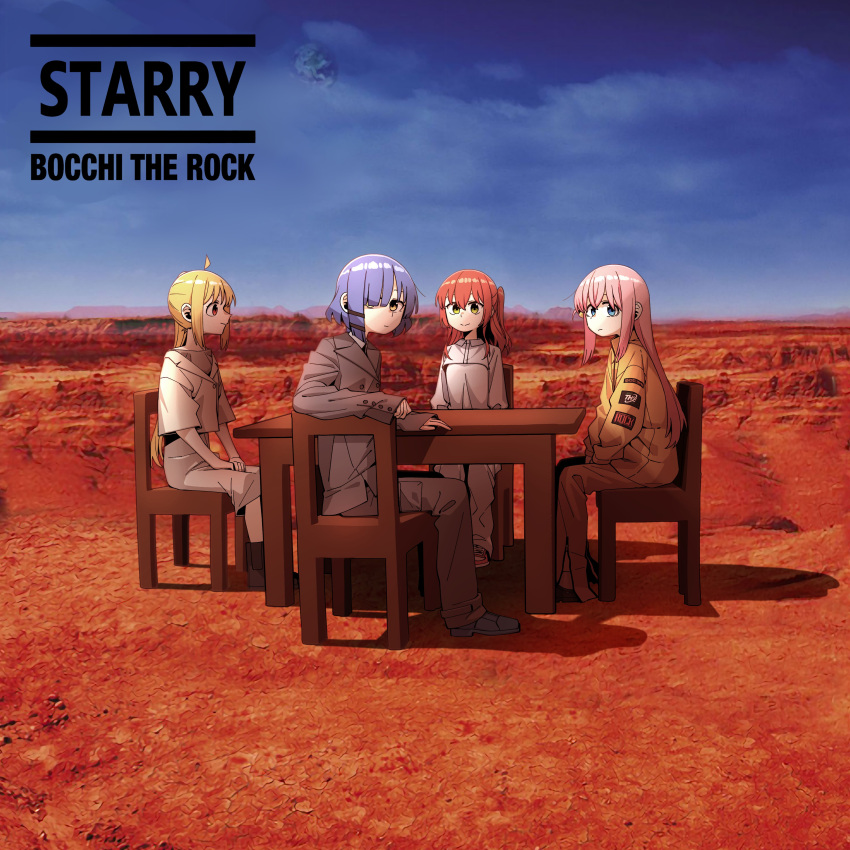 4girls absurdres ahoge album_cover album_cover_redraw asymmetrical_sidelocks bangs between_legs blonde_hair blue_eyes blue_hair blue_sky blunt_ends bocchi_the_rock! boots chair cloud collared_shirt cover crossed_bangs derivative_work desert dress dress_shoes earth_(planet) formal gotou_hitori grey_suit hair_over_one_eye hand_between_legs highres ijichi_nijika jumpsuit kita_ikuyo long_hair looking_ahead looking_at_another looking_at_viewer looking_back medium_hair mole mole_under_eye multiple_girls muse_(band) neonfloyd off-shoulder_dress off_shoulder on_chair one_side_up orange_jumpsuit outdoors own_hands_together pants pink_hair planet red_eyes red_hair shirt shoes short_hair side_ponytail sitting sky sleeves_past_wrists sneakers suit table white_dress white_pants yamada_ryou yellow_eyes