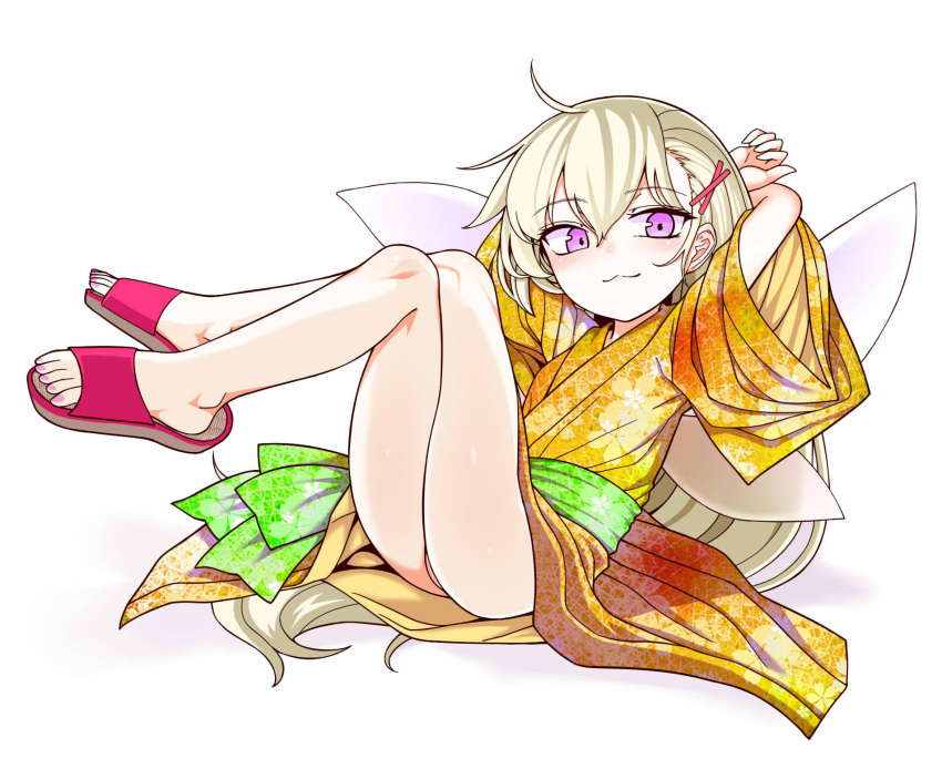 1girl :3 arms_behind_head blonde_hair blush closed_mouth clownpiece crossed_legs fairy_wings green_sash hair_ornament hairclip highres japanese_clothes kimono long_hair looking_at_viewer obi orange_kimono purple_eyes red_footwear sash simple_background sitting slippers smile smug solo touhou very_long_hair white_background wings x_hair_ornament yassy
