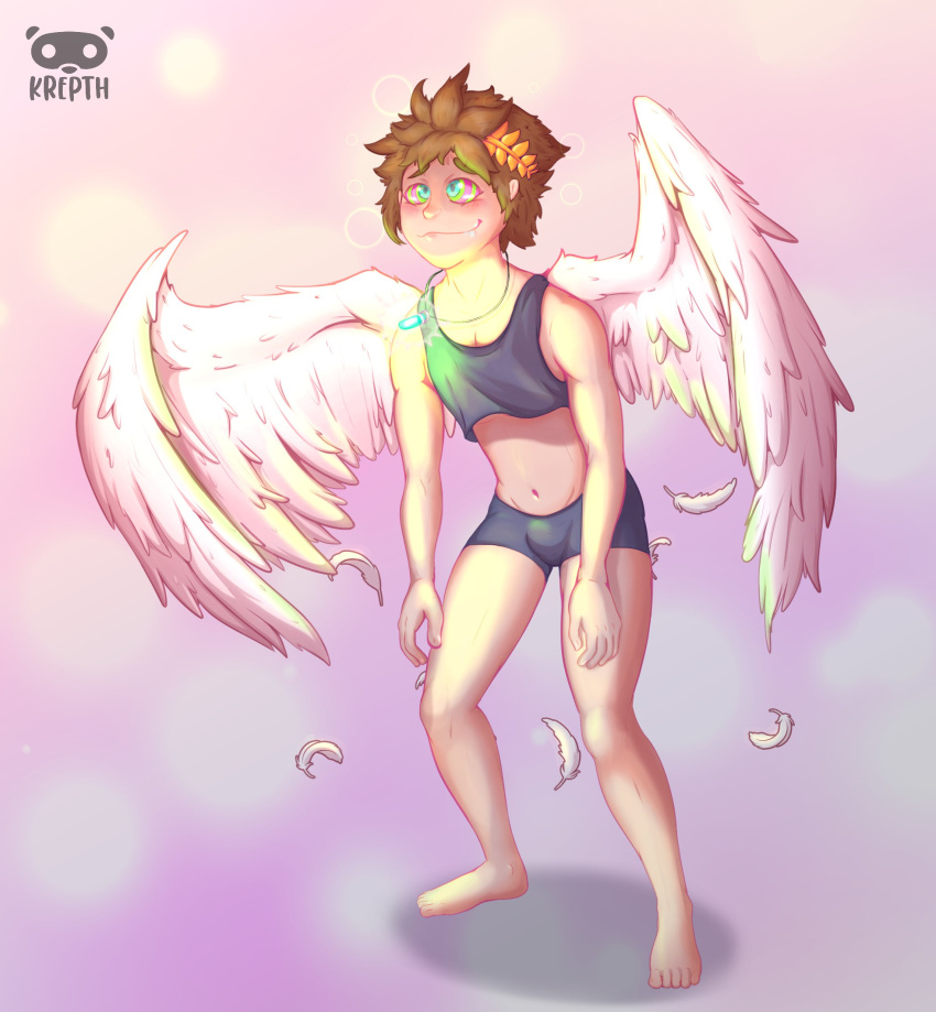 absurdres angel angel_wings bulge girly_boy highres hypnosis kid_icarus male_focus mind_control nintendo pit_(kid_icarus) short_shorts shorts wings