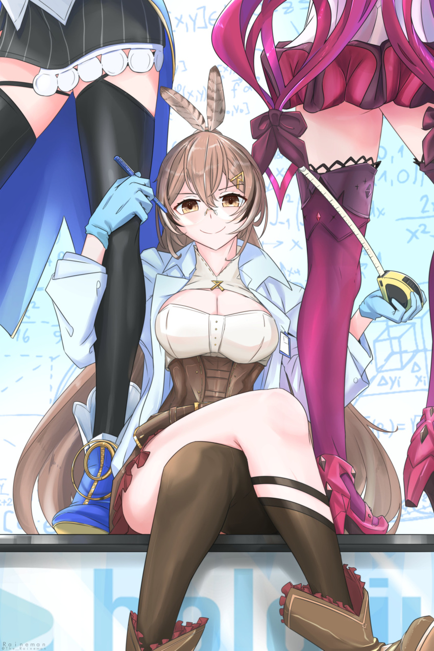 3girls absurdres ahoge bangs black_thighhighs boots brown_eyes brown_hair cleavage_cutout clothing_cutout crossed_legs dress feather_hair_ornament feathers frilled_dress frills gloves hair_ornament hairclip highres hololive hololive_english irys_(hololive) labcoat legs long_hair multicolored_hair multiple_girls nanashi_mumei ouro_kronii pen ponytail purple_hair purple_thighhighs red_hair shirt streaked_hair tape_measure the_raineman thighhighs two-tone_hair very_long_hair virtual_youtuber white_dress white_shirt