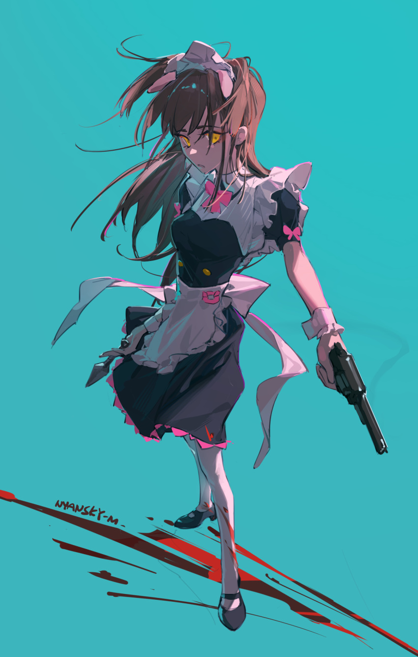 1girl absurdres akiba_maid_sensou animal_ears apron bangs black_dress black_footwear blood blunt_bangs bow brown_eyes brown_hair dress fake_animal_ears frilled_apron frills full_body gun highres holding holding_gun holding_weapon long_hair looking_to_the_side maid maid_apron maid_headdress nyansky open_mouth pig_ears pink_bow simple_background socks standing two_side_up wahira_nagomi waist_apron weapon white_apron white_socks wrist_cuffs