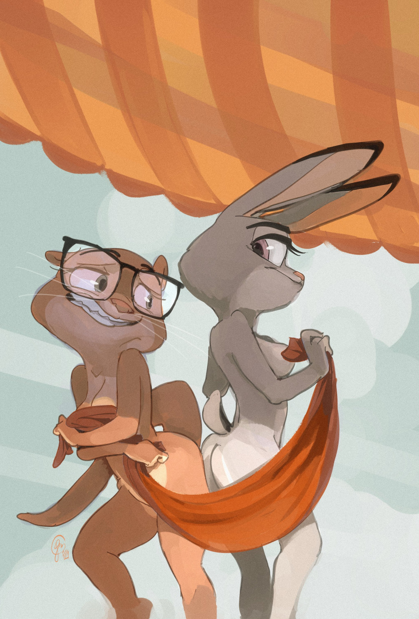 2022 absurd_res anthro ass_to_ass butt clenched_teeth convenient_censorship disney duo edtropolis eye_contact eyewear eyewear_only female fur glasses glasses_only half-closed_eyes hi_res holding_object holding_towel judy_hopps lagomorph leporid looking_at_another lutrine mammal mouth_closed mustelid narrowed_eyes nervous_smile nude nude_female outside rabbit raised_tail sam_(zootopia+) short_tail signature smile teeth towel towel_only whiskers zootopia zootopia+