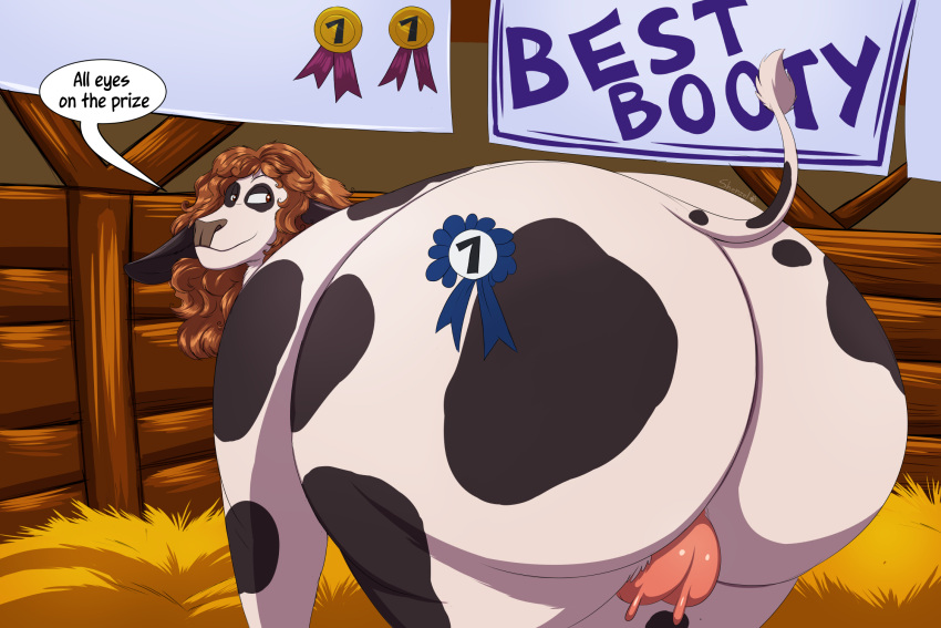 2022 all_fours big_butt bovid bovine butt cattle dialogue female feral hair half-closed_eyes hay hi_res looking_at_butt looking_back mammal mouth_closed narrowed_eyes nude obese obese_female obese_feral overweight overweight_female overweight_feral presenting presenting_hindquarters raised_tail raven_baxter ribbons shenzel signature solo speech_bubble teats text that's_so_raven thick_thighs udders wide_hips