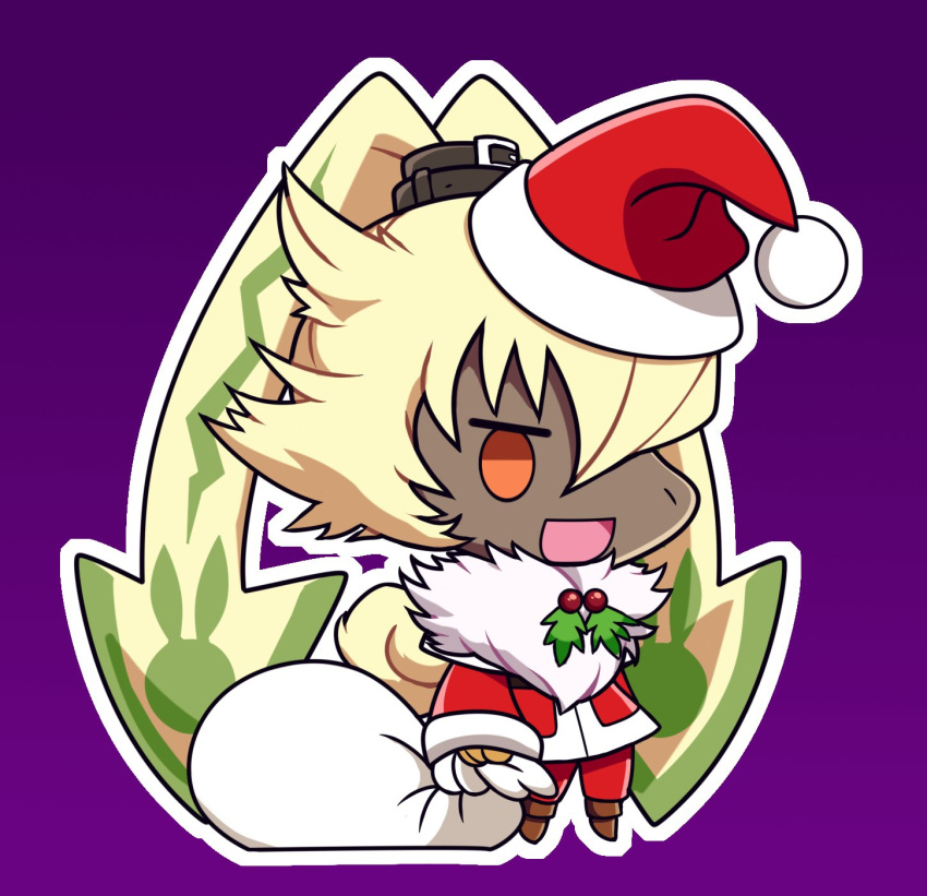 anthro bandai_namco chibi christmas christmas_clothing christmas_headwear clothing costume digimon digimon_ghost_game hat headgear headwear hi_res hikariluzw holidays lagomorph leporid long_ears male mammal orange_eyes ponytail_ears rabbit santa_costume santa_hat solo symbareangoramon